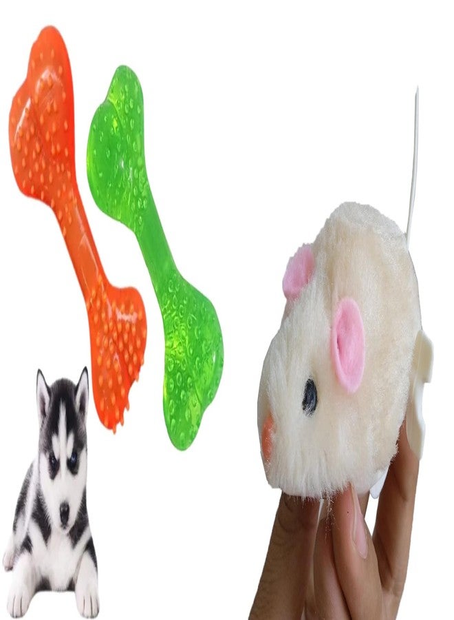 PET FUN لعبة مضغ عظمة مطاطية ناعمة مدببة من بيت فن للكلاب والجراء | لعبة فأر مفتاح تعمل باللف لتنظيف الأسنان غير سامة للقطط والحيوانات الأليفة الصغيرة | دمية قطيفة واقعية بذيل دوار، مجموعة من قطعتين - Image 1